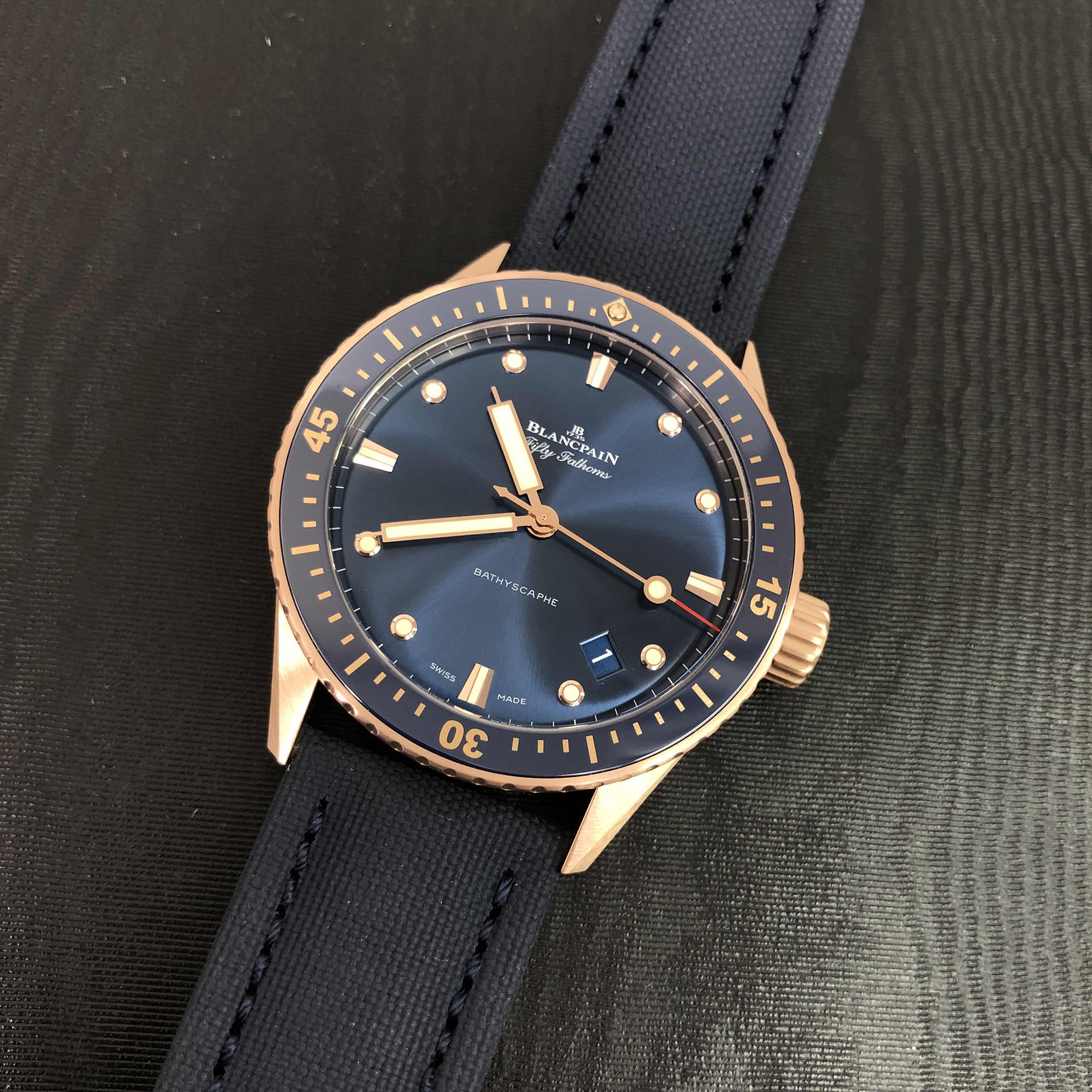 Blancpain 5000-36S40-O52A Fifty Fathoms Replica Watch, Blue Dial, Rose Gold Case, Automatic - Image 5