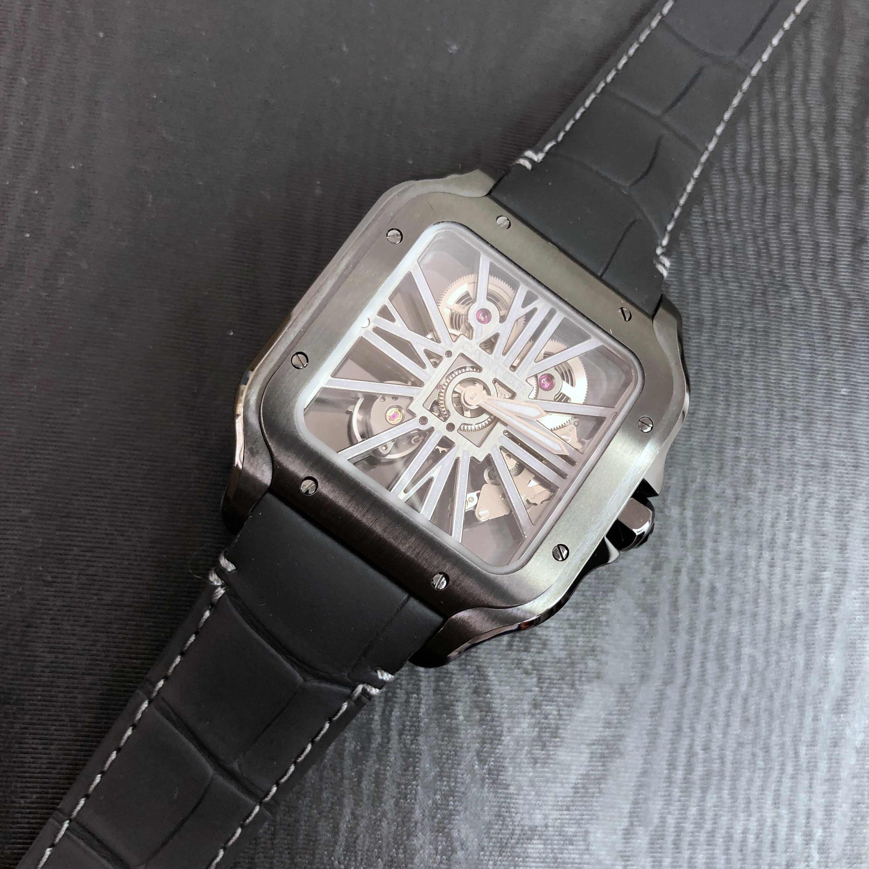 Cartier WHSA0009 Santos Manual Wind Stainless Steel Transparent Dial Leather Strap Replica Watch - Image 5