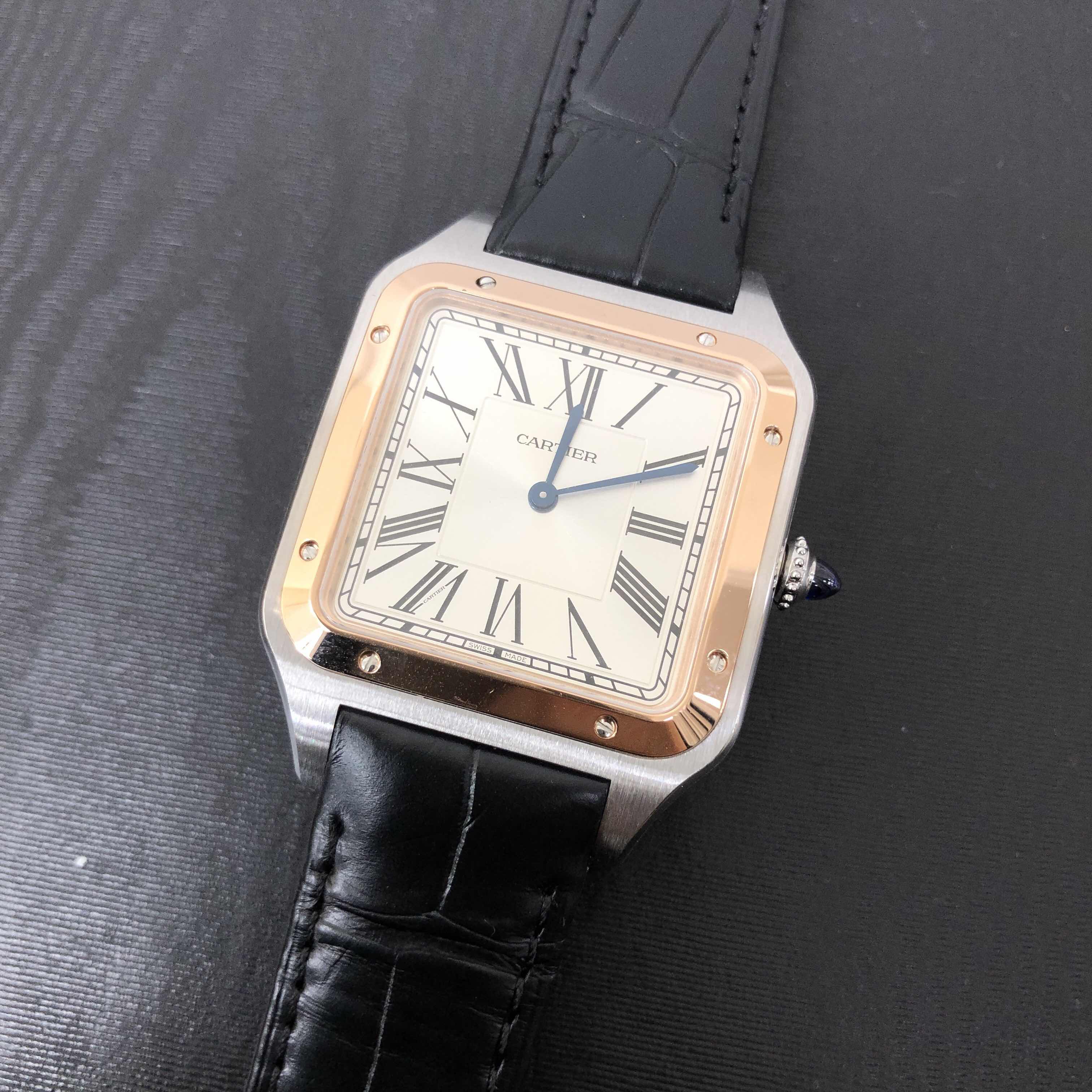 Cartier W2SA0017 Santos Replica Watch Manual Wind 18kt Rose Gold Silver Dial Black Alligator Strap - Image 5