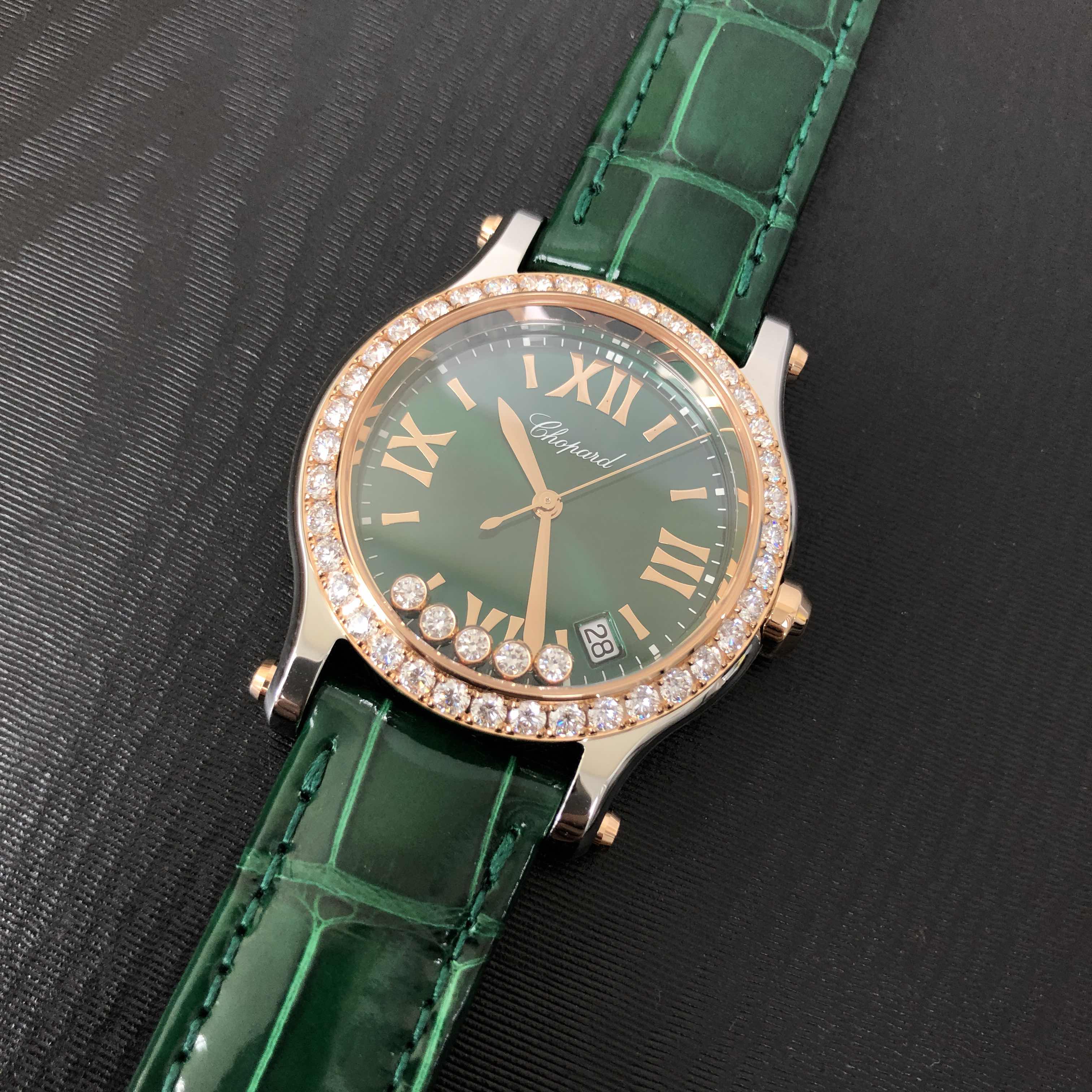 Chopard 278582-6007 Happy Sport Quartz 18kt Rose Gold Green Dial Leather Strap Replica Watch - Image 5