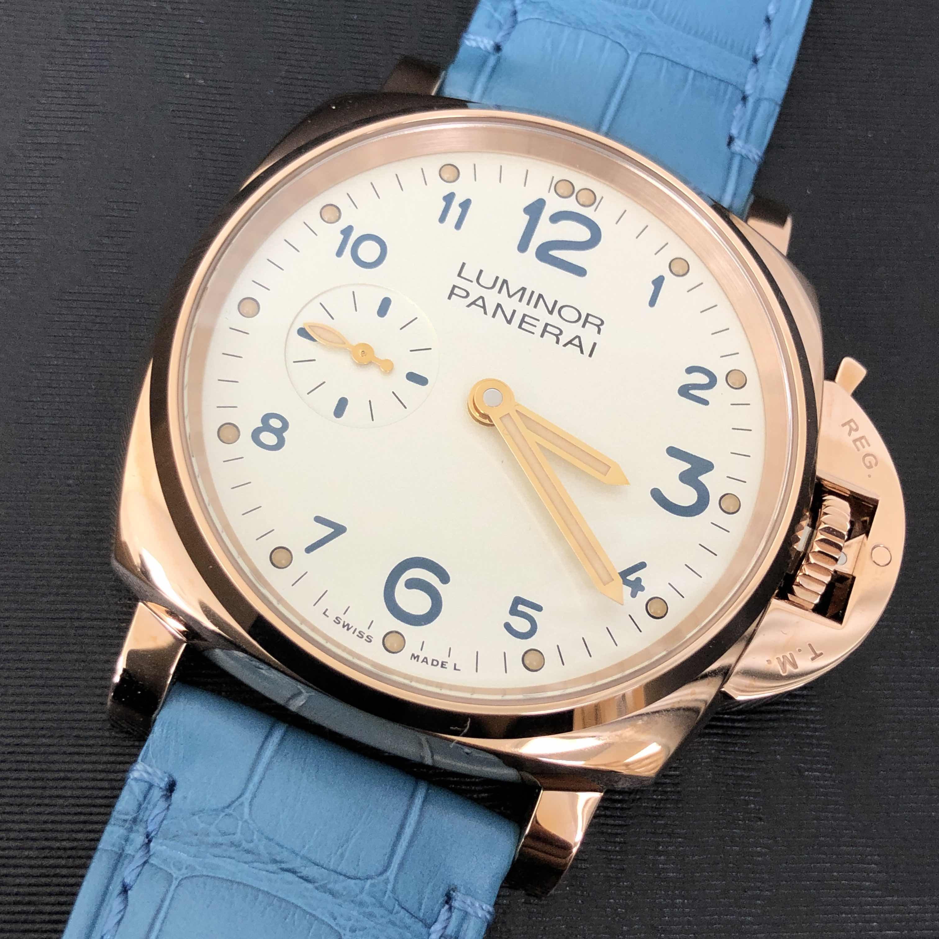 Panerai PAM00741 LUMINOR DUE Manual Wind 18kt Rose Gold - Beige Dial - Light Blue Alligator Strap - Image 5