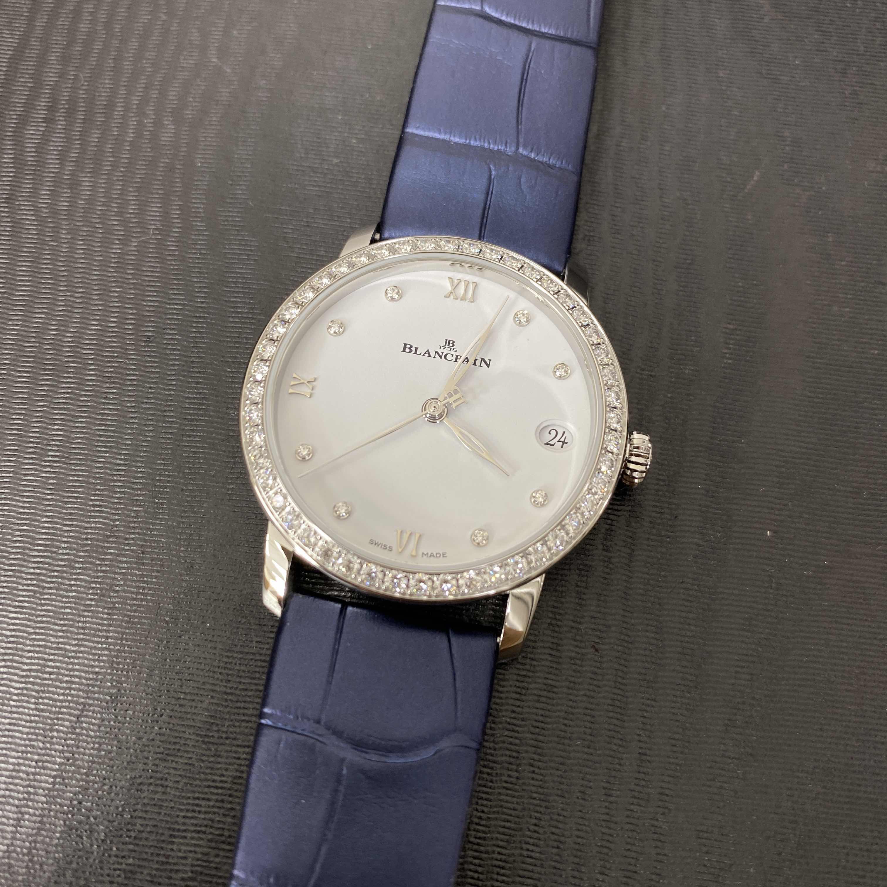 Blancpain 6127-4628-55B Villeret Replica Watch, White Dial, Steel & Diamond Case, Blue Alligator - Image 5