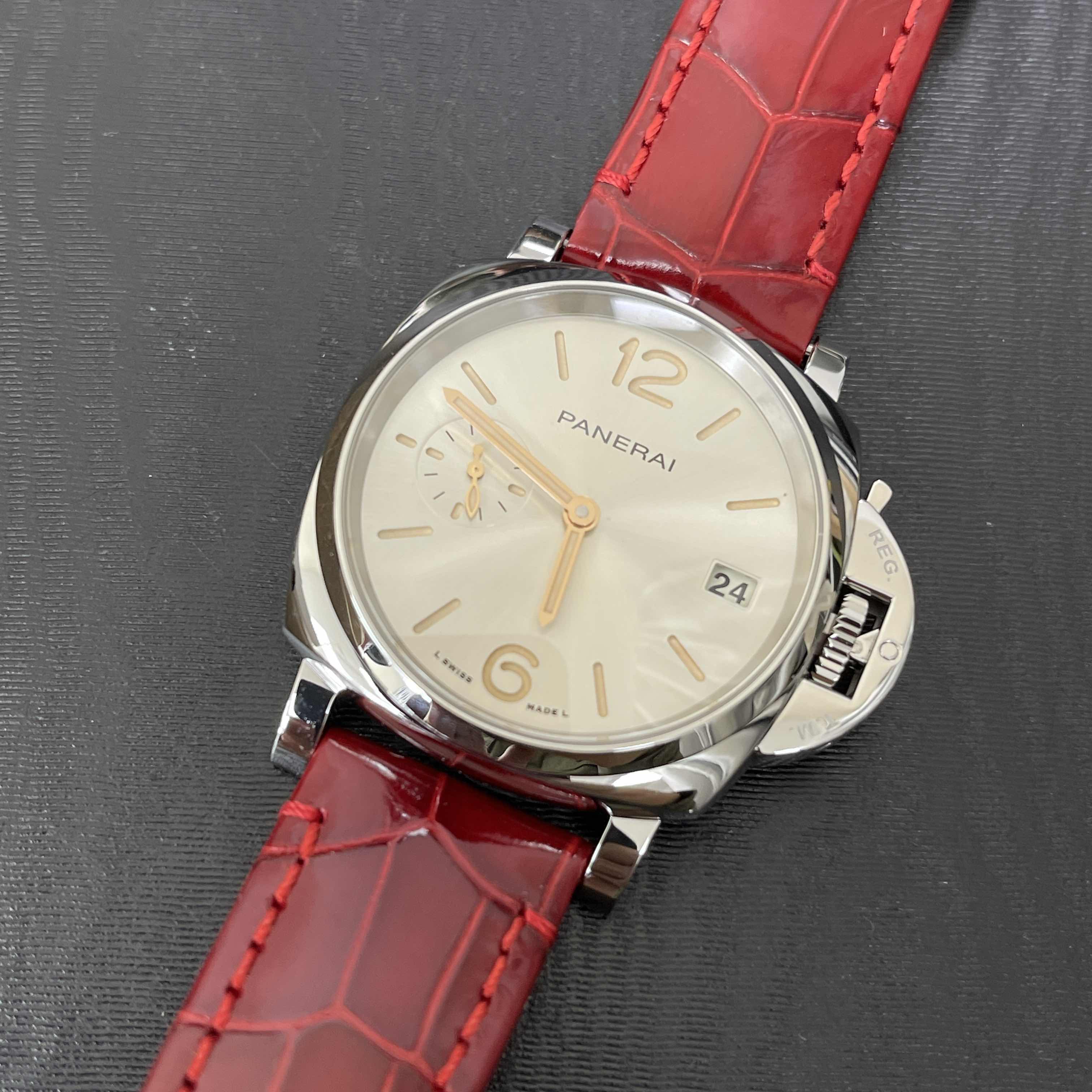 Panerai PAM01248 Luminor Due Replica Watch, Automatic, Silver Dial, Steel Case, Red Alligator Strap - Image 5