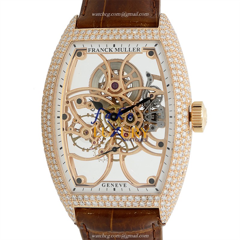 8880 B S6 SQT D 5N - Franck Muller GENEVE Replica Watch Quartz Rose Gold Diamonds Transparent Skull
