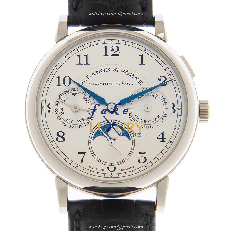 A Lange 1815 Replica Watch 238.026 - Automatic with White Gold Case on Black - Luxury Replica Watch
