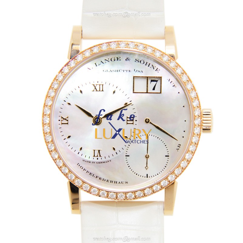 A Lange & Sohne Lange 1 Replica Watch 813.047 with Manual Wind, Silver Dial on White - Luxury Replica Watch