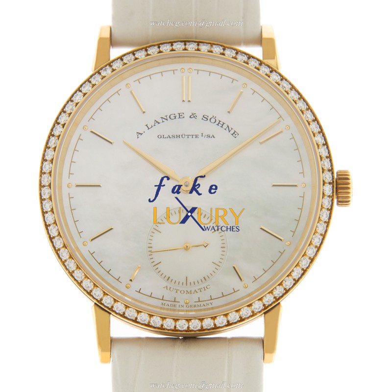 A Lange & Sohne 840.021 SAXONIA Automatic Replica Watch, White Mother of Pearl Dial, 18kt Gold - Luxury Replica Watch
