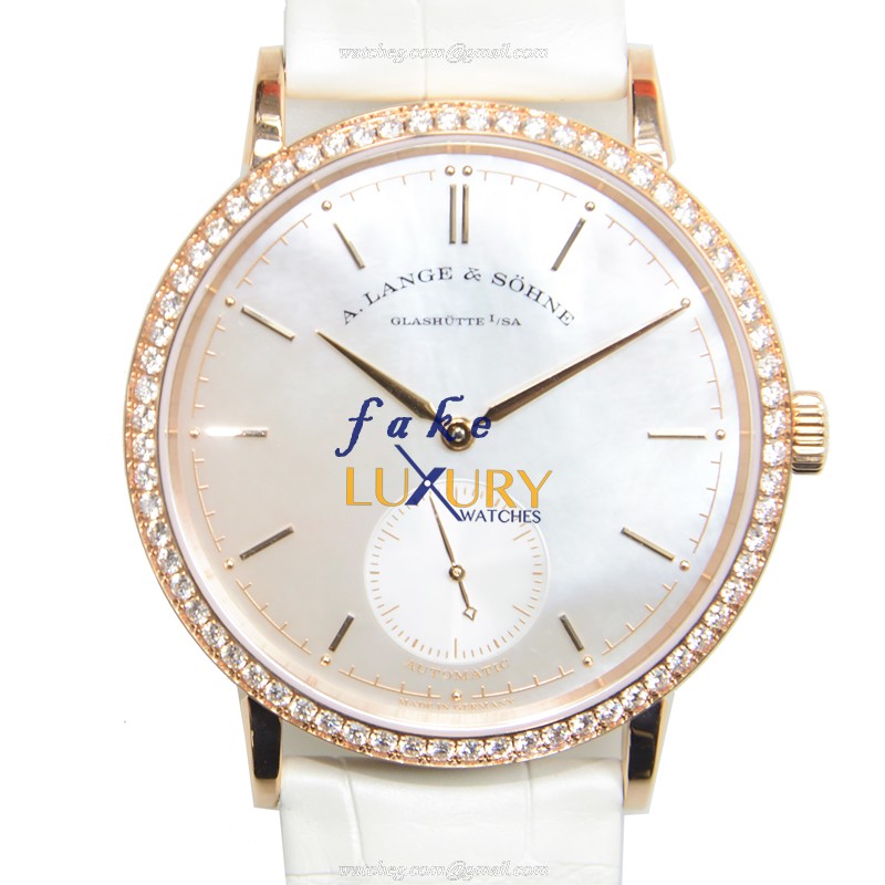 A Lange & Sohne 840.032 Saxonia Replica Watch with White Mother of Pearl Dial, Rose - Luxury Replica Watch