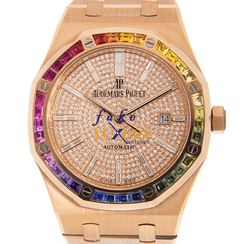 Audemars Piguet Royal Oak 15413OR.YY.1220OR.01 Replica Watch with Gold Dial Rose Gold Strap - Luxury Replica Watch
