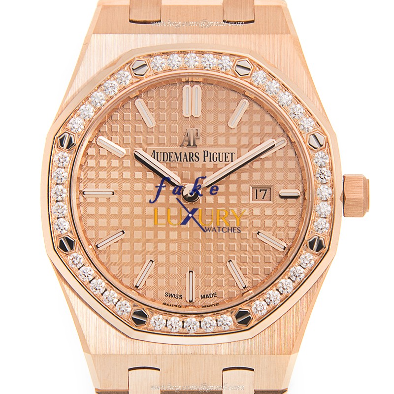 Audemars Piguet 67651OR.ZZ.1261OR.03 Royal Oak Quartz Replica Watch, Rose Gold Case & Diamonds - Luxury Replica Watch
