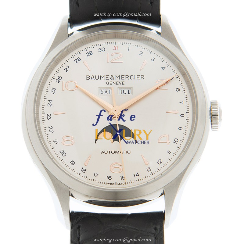 Baume & Mercier M0A10055 Clifton Replica Watch, Silver Dial, Steel Case, Alligator Strap - Luxury Replica Watch