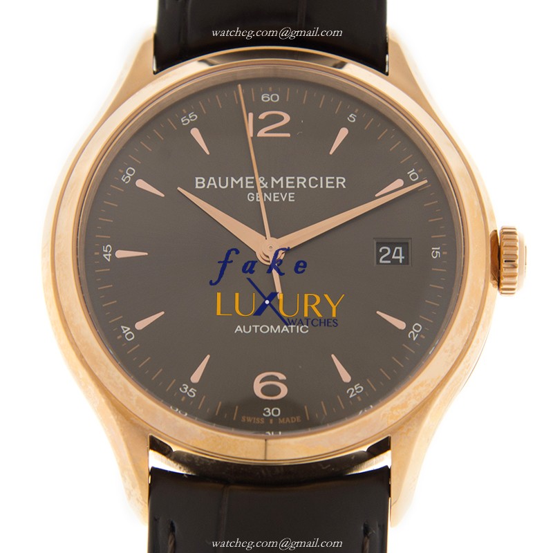 Baume & Mercier M0A10059 Clifton Replica Watch - Automatic - 18kt Rose Gold - Gray Dial - Brown - Luxury Replica Watch