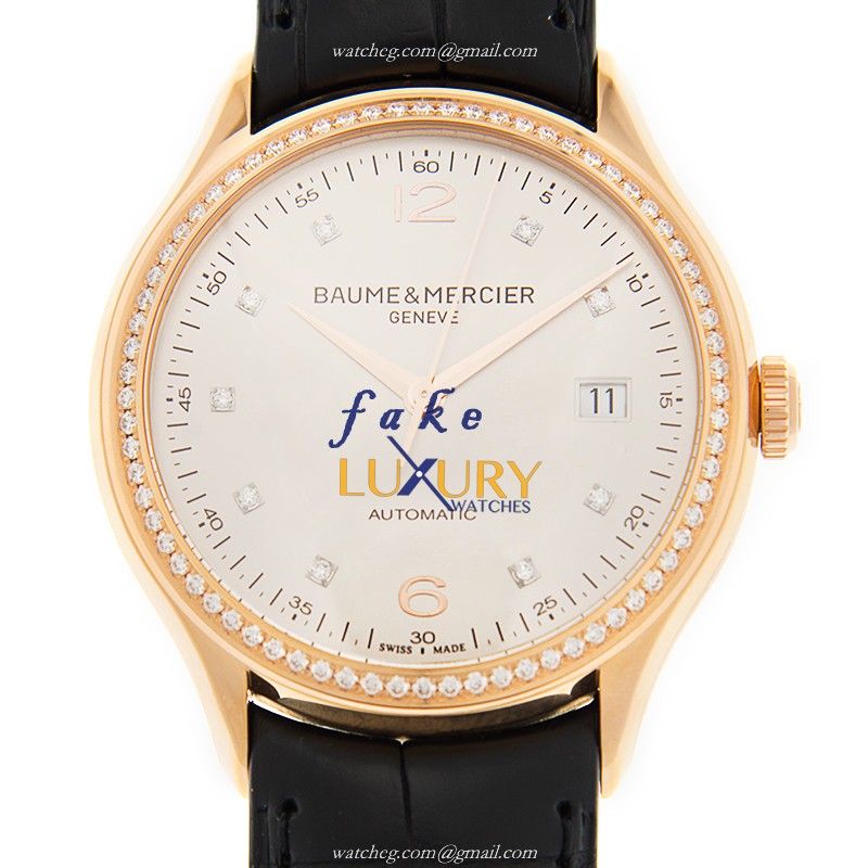 Baume & Mercier M0A10194 Clifton Replica Watch, Automatic, White Dial, 18kt Rose Gold & Diamonds - Luxury Replica Watch