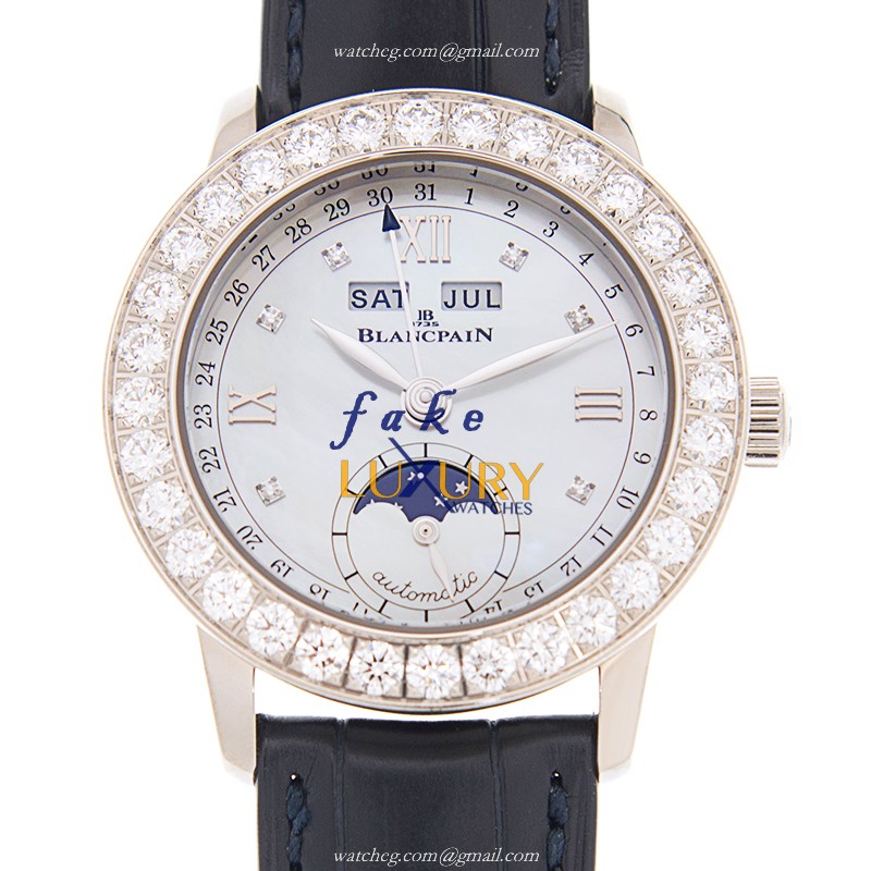 Blancpain 2360-1991A-55B Replica Watch, White Diamond Dial, 18kt Gold Case, Blue Alligator Strap - Luxury Replica Watch