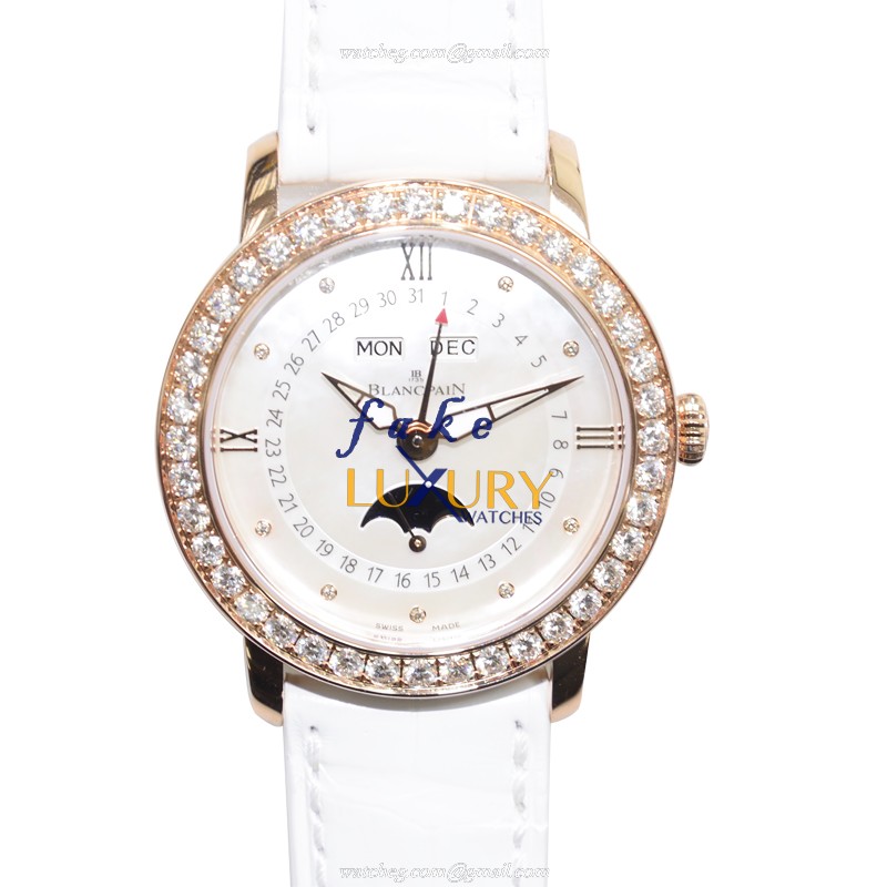 Blancpain 3663-2954-55B Replica Watch Automatic Rose Gold Diamonds White Dial Alligator Strap - Luxury Replica Watch