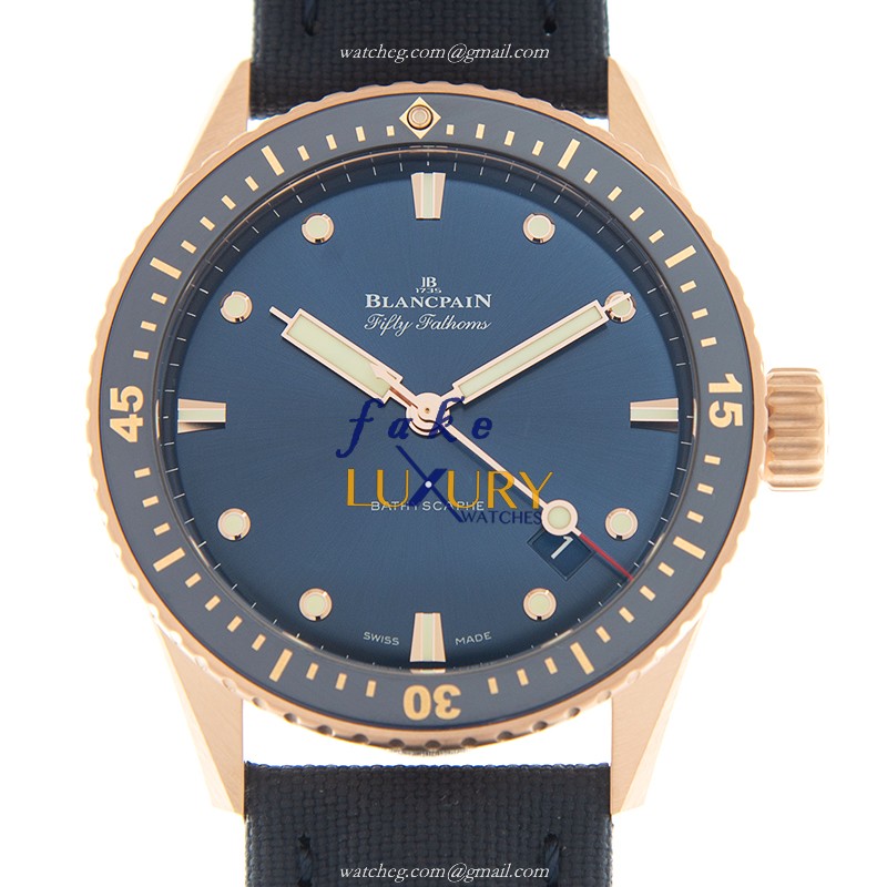 Blancpain 5000-36S40-O52A Fifty Fathoms Replica Watch, Blue Dial, Rose Gold Case, Automatic - Luxury Replica Watch