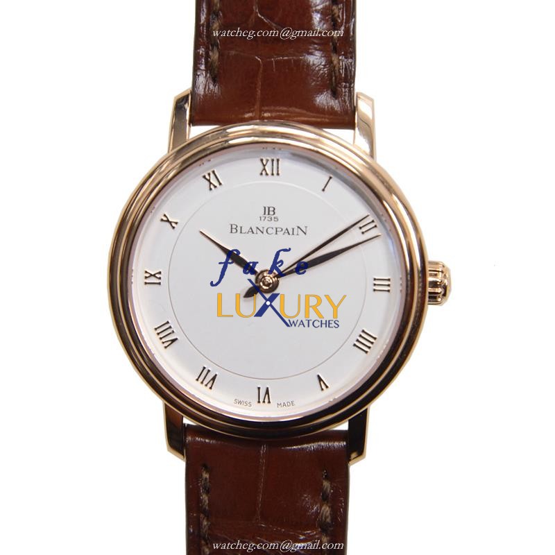 Blancpain VILLERET 6102-3642-55A Automatic 18kt Rose Gold White Dial Brown Alligator Replica Watch - Luxury Replica Watch