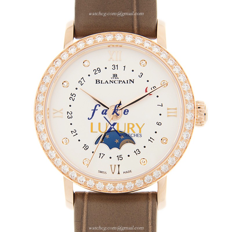 Blancpain Villeret 6106-2987-55A Automatic 18kt Rose Gold & Diamonds White Dial Brown Alligator - Luxury Replica Watch