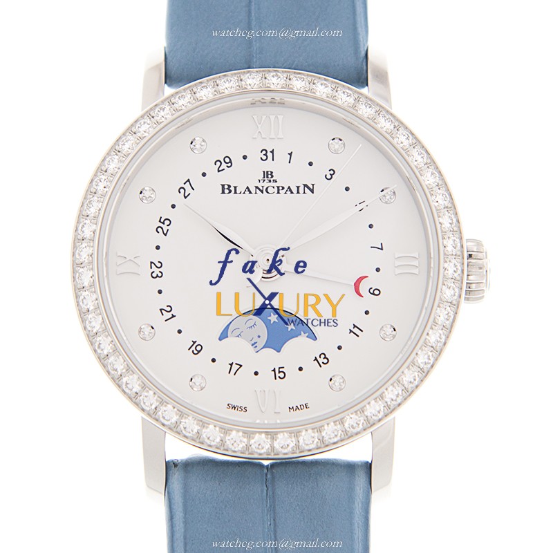 Blancpain 6106-4628-95A Villeret Replica Watch, White Dial, Diamond Bezel, Blue Leather Strap - Luxury Replica Watch