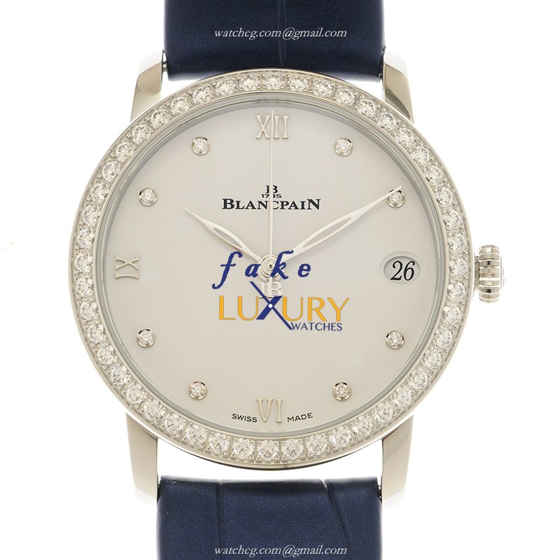 Blancpain 6127-4628-55B Villeret Replica Watch, White Dial, Steel & Diamond Case, Blue Alligator - Luxury Replica Watch