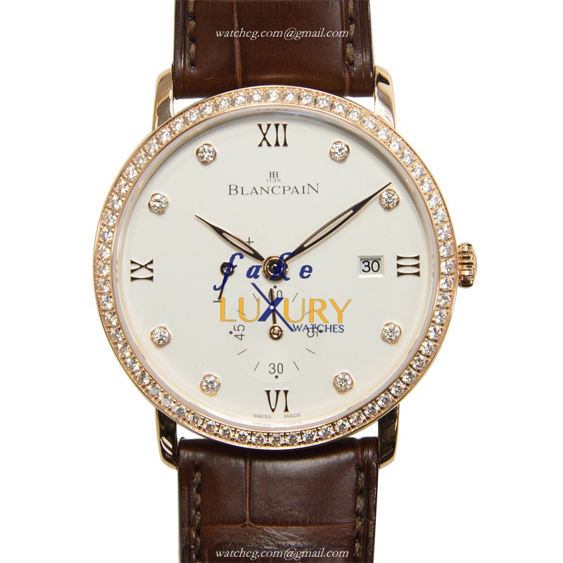 Blancpain VILLERET 6606-2897-55B Manual Wind 18kt Rose Gold Diamonds White Dial Brown Strap Replica - Luxury Replica Watch