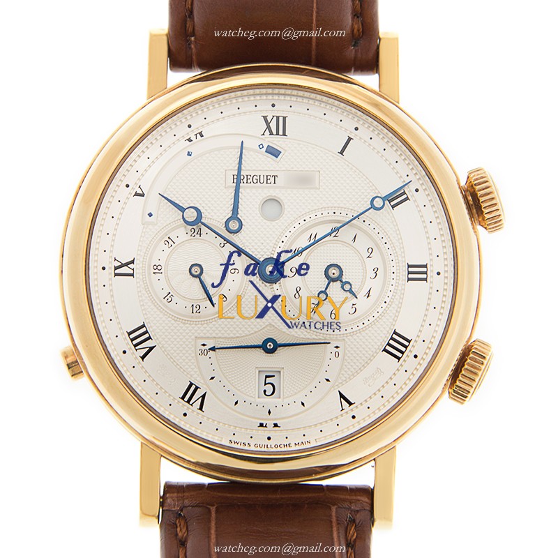 Breguet 5707BA/12/9V6 Replica Watch, Silver Dial, 18kt Yellow Gold Case, Brown Alligator Strap - Luxury Replica Watch