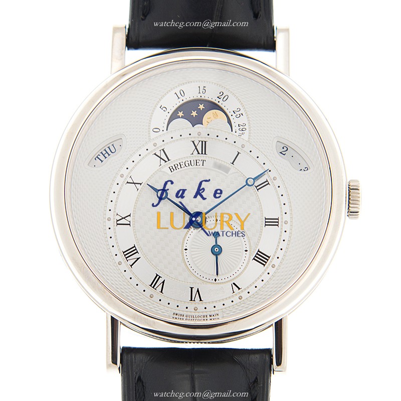 Breguet 7337BB/1E/9V6 Classic Replica Watch, Automatic, Silver Dial, 18kt White Gold Case, Black - Luxury Replica Watch