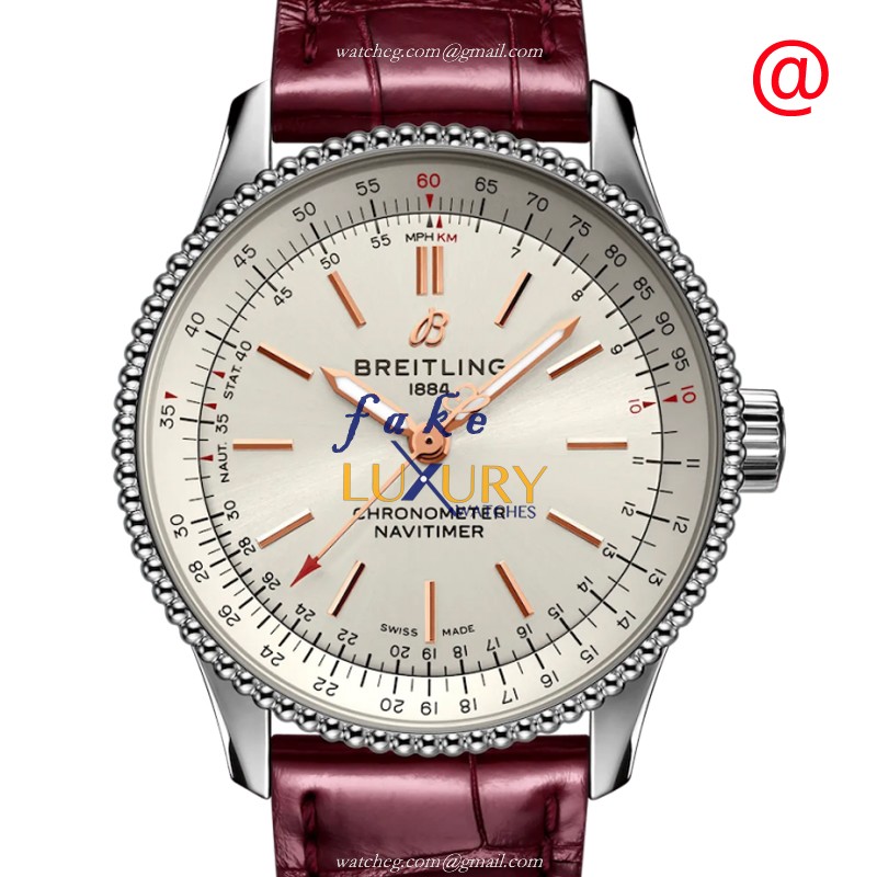 Breitling A17395F41G1P2 Aviation Automatic Stainless Steel with Silver Dial on Red Alligator Strap - Luxury Replica Watch
