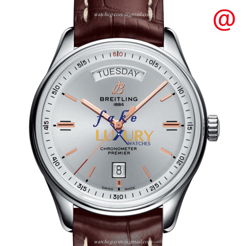 A45340211G1P2 - Breitling Premier Replica Watch - Automatic - Silver Dial - Brown Alligator - Luxury Replica Watch