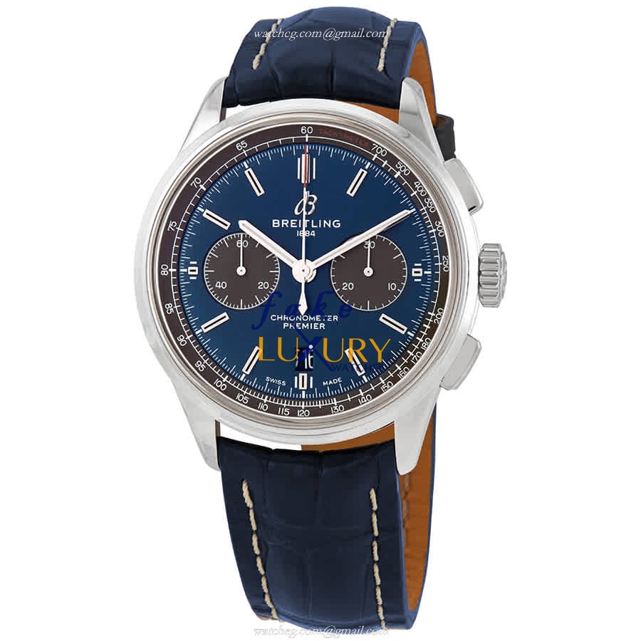 Breitling AB0118A61C1P2 Premier Replica Watch, Blue Dial, Steel Case, Alligator Strap, Automatic - Luxury Replica Watch