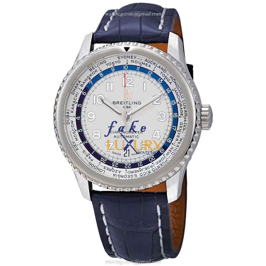 Breitling AB3521U01G1P2 AVIATOR 8 Replica Watch, Silver Dial, Steel Case, Blue Alligator Strap - Luxury Replica Watch