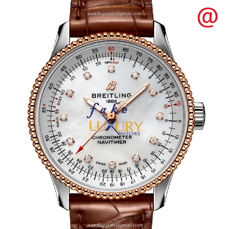 Breitling U17395211A1P2 Navitimer 1 Automatic 35mm 18kt Rose Gold Steel White Dial Brown Alligator - Luxury Replica Watch