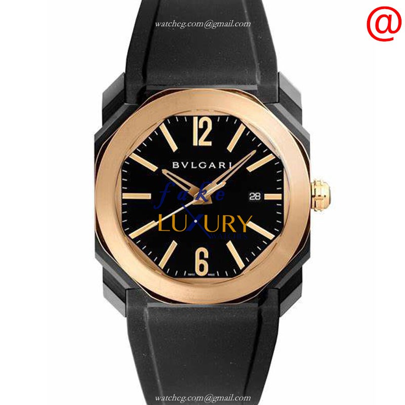 Bulgari 102485 Octo Roma Automatic 18kt Rose Gold Black Dial Rubber Replica Watch - Luxury Replica Watch
