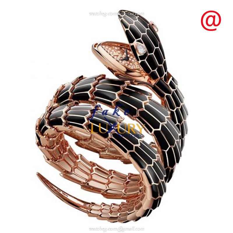 Bulgari 102524 Serpenti Secret Replica Watch Quartz 18kt Rose Gold Gold Dial Black Strap Bangle - Luxury Replica Watch
