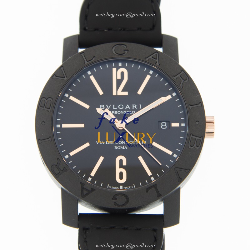 Bulgari 102632 BBP40BCGLD/N Replica Watch, 44mm Carbon Fiber Case, Automatic, Black Dial Leather - Luxury Replica Watch