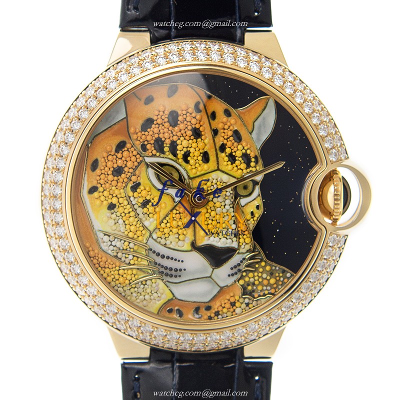 Cartier HPI01061 BALLON BLEU Auto 18kt Gold Diamond Replica Watch - Orange Dial Blue Alligator Strap - Luxury Replica Watch