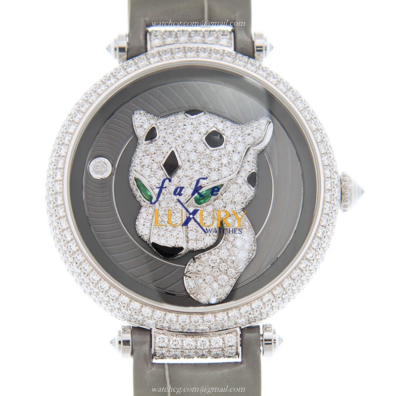 Cartier HPI01105 BESTIAIRE Automatic 18kt White Gold Diamond Gray Dial Alligator Strap Replica Watch - Luxury Replica Watch