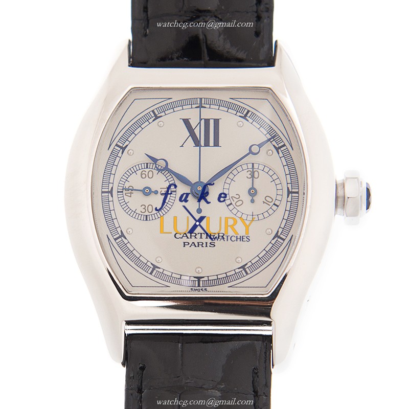 Cartier W1525851 TORTUE Manual Wind 18kt White Gold Replica Watch - Silver Dial, Black Alligator - Luxury Replica Watch