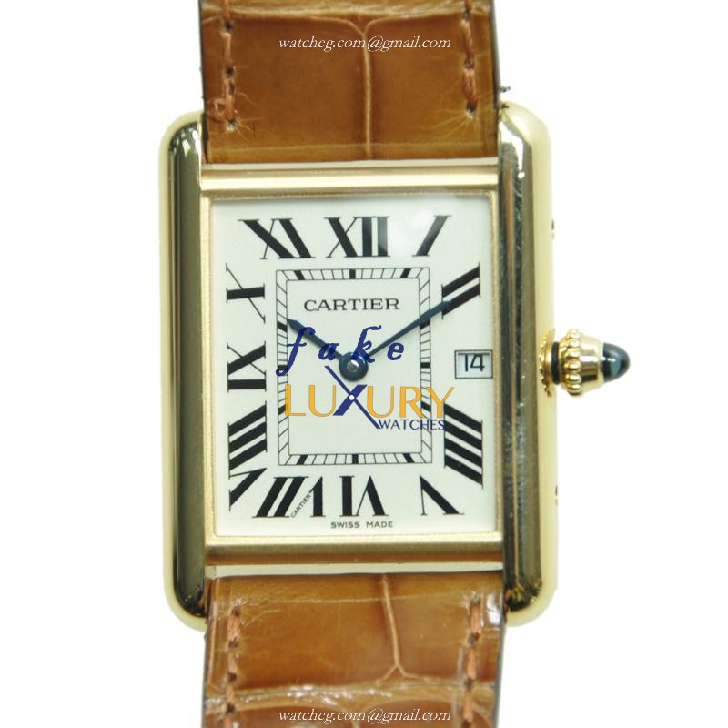Cartier W1529756 TANK Quartz 18kt Yellow Gold Replica Watch - Swiss Movement, Alligator Brown Strap - Luxury Replica Watch