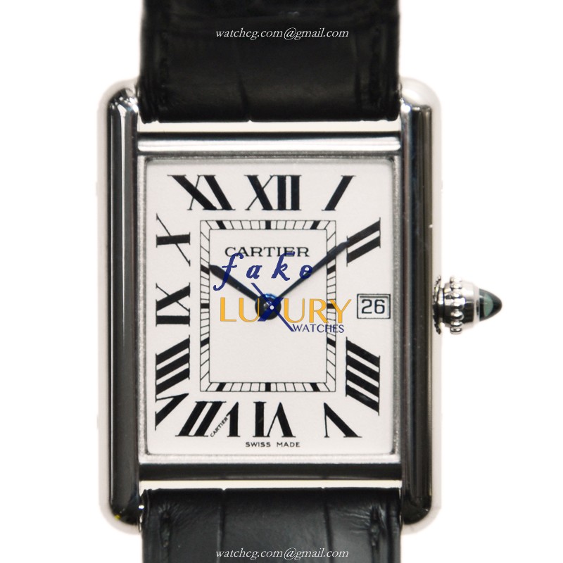 Cartier W1540956 TANK Quartz 18kt White Gold Replica Watch, Silver Dial, Alligator Strap - Luxury Replica Watch