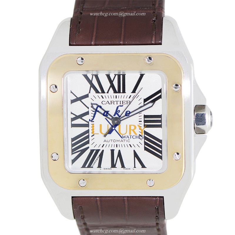 Cartier W20072X7 Santos Automatic 18kt Gold & Steel Replica Watch, Silver Dial, Alligator Brown - Luxury Replica Watch