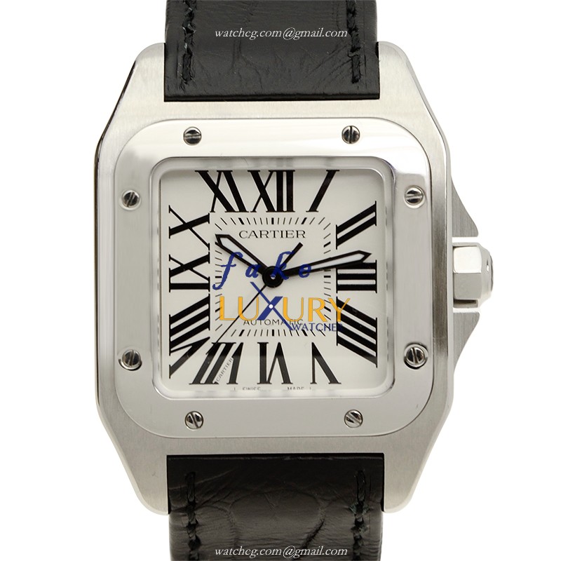 Cartier W20106X8 SANTOS Auto Stainless Steel Replica Watch, White Dial, Alligator Strap - Luxury Replica Watch