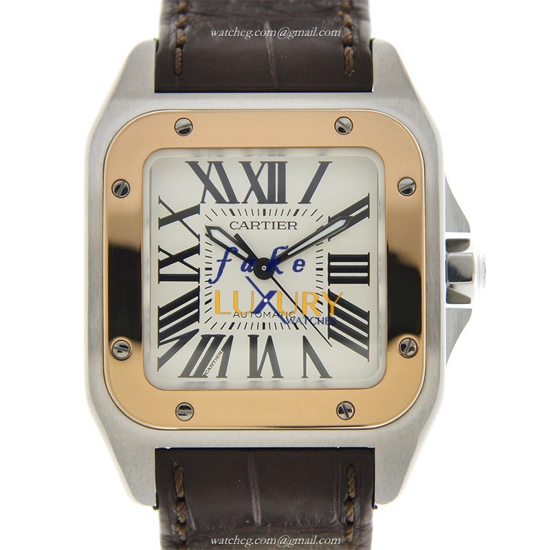 Cartier W20107X7 Santos Automatic 18kt Rose Gold Replica Watch, White Dial, Dark Brown Alligator - Luxury Replica Watch