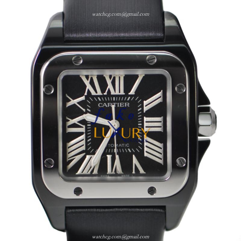 Cartier W2020008 Santos Automatic Stainless Steel Watch Replica, Swiss Movement, Black Dial & Silk - Luxury Replica Watch