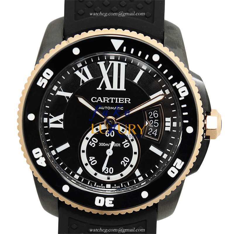 Cartier Calibre de Cartier W2CA0004 Automatic 18kt Rose Gold Steel Black Dial Rubber Strap Replica - Luxury Replica Watch