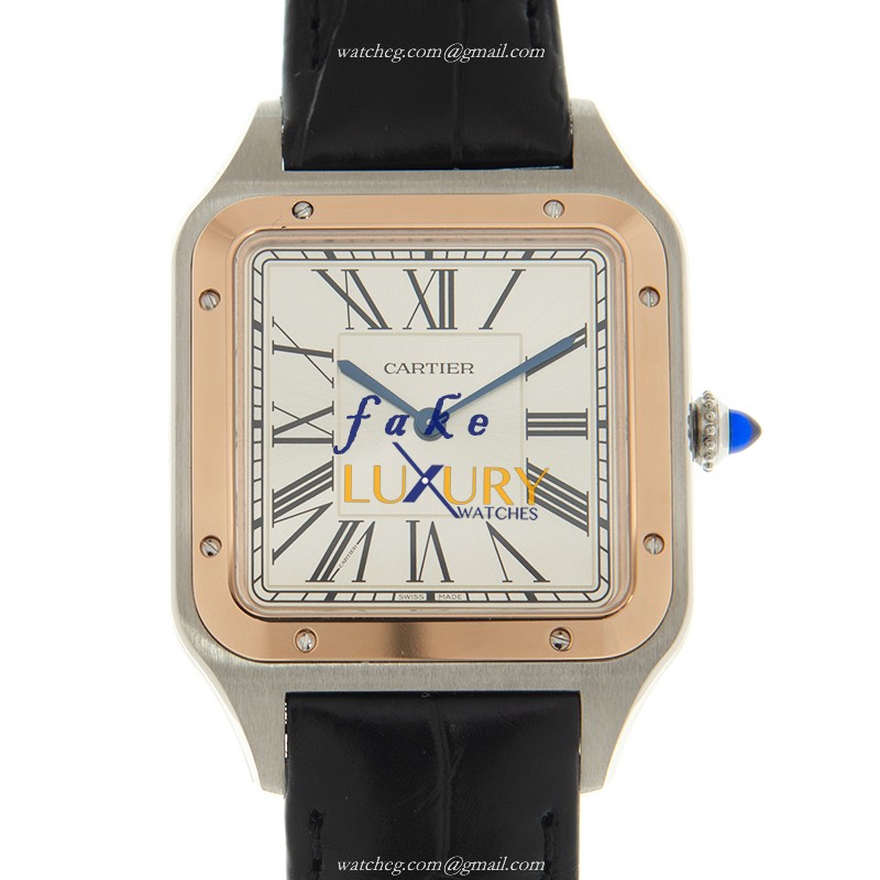 Cartier W2SA0017 Santos Replica Watch Manual Wind 18kt Rose Gold Silver Dial Black Alligator Strap - Luxury Replica Watch