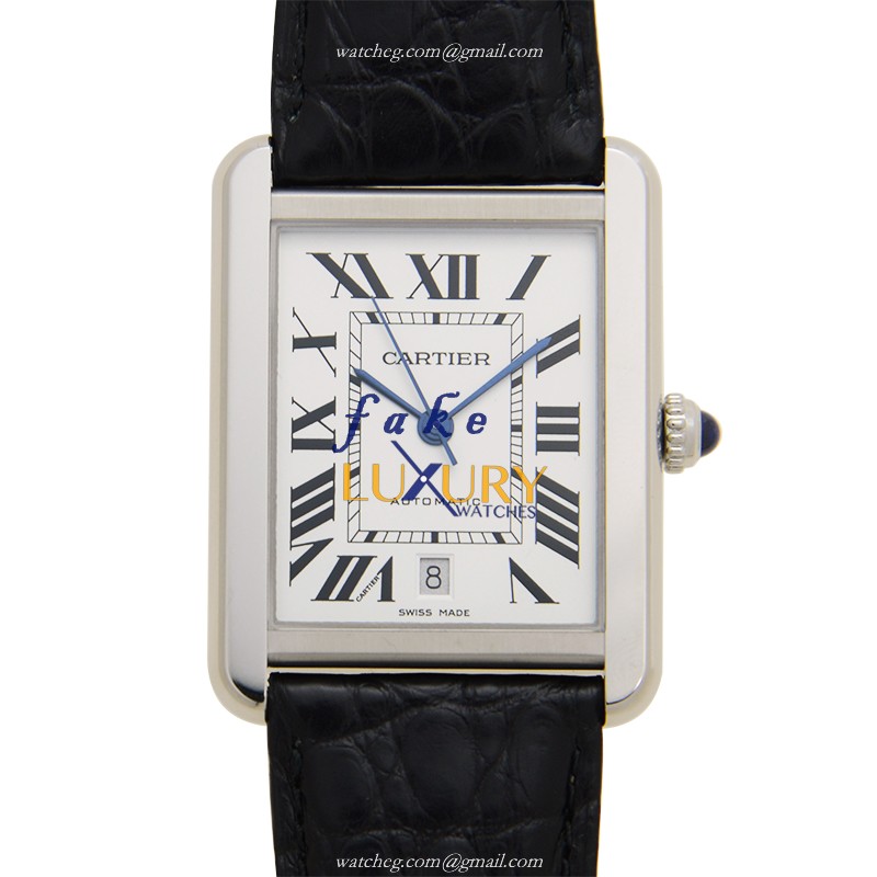 Cartier W5200027 TANK Automatic Stainless Steel Replica Watch, 31mm Case, Silver Dial, Black - Luxury Replica Watch