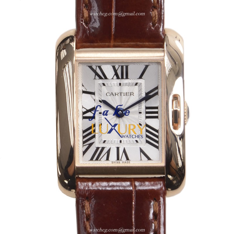 Cartier W5310027 TANK Quartz 18kt Rose Gold Replica Watch, Swiss Movement, Silver Dial, Brown - Luxury Replica Watch
