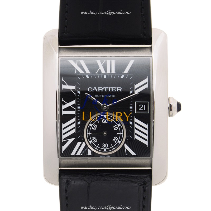 Cartier TANK W5330004 Automatic Stainless Steel Black Dial Alligator Strap Replica Watch - Luxury Replica Watch
