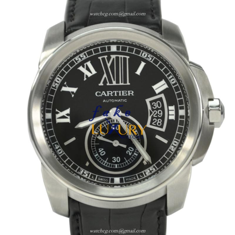 Cartier Calibre de Cartier W7100014 Automatic Steel Black Dial Alligator Replica Watch - Luxury Replica Watch